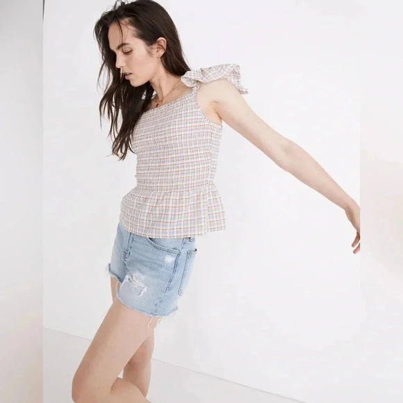 Madewell Seersucker Lucie Smocked Peplum Top in Rainbow Plaid - Picture 3 of 5